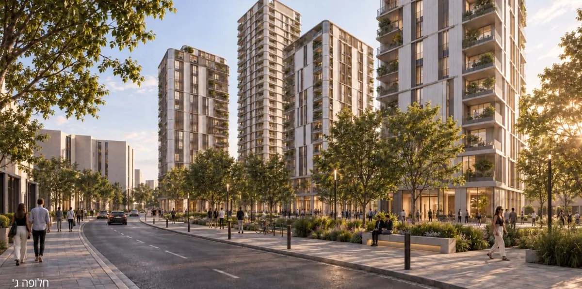 Render of a tree-lined street in a renewed Kidmat compound